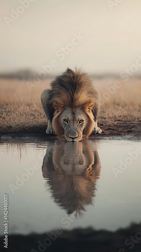 A majestic lion kneels by a crystal-clear water source, drinking slowly as its golden mane ripples in the breeze. Its intense gaze locks onto the water’s surface