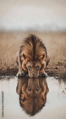 A majestic lion kneels by a crystal-clear water source, drinking slowly as its golden mane ripples in the breeze. Its intense gaze locks onto the water’s surface