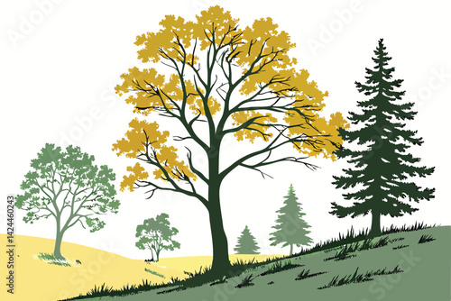 38 Watercolor trees, vibrant yellow and green foliage, autumn colors, elegant cypress, maple tree, poplar tree, stylized vector illustration, botanical art, minimalist design, white background, isolat