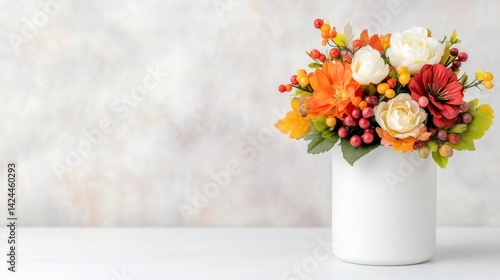Wallpaper Mural Autumn Flower Arrangement in White Vase, Soft Lighting, High-Resolution, Close-up, Detailed Petals, Decorative Home Accent, Neutral Background, Warm Fall Hues, Perfect for Seasonal Greetings. Torontodigital.ca