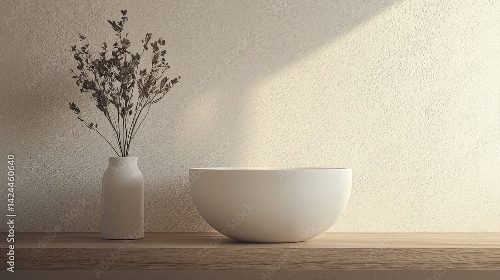Minimalist composition with bowl and dried plant on beige surface Minimalist composition with bowl and dried plant on beige surface
