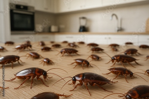 Dozens of cockroaches crawling over a kitchen surface. Used to illustrate pest control, food safety, or health hazard issues. Kitchen countertop infested with cockroaches

