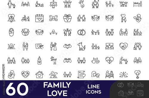 Collection of Modern Thin Line Style Icons Set  Family Love Relationships Related Traditional Relation, LGBT Couple, Family Members, Symbols Of Love And More Vector Illustration