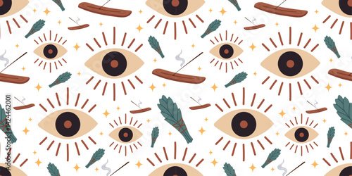 Mystical all-seeing eye seamless pattern with burning incense sticks, magical sparkles, sage bundles, and esoteric symbols on white background — ideal for boho spiritual surface design.