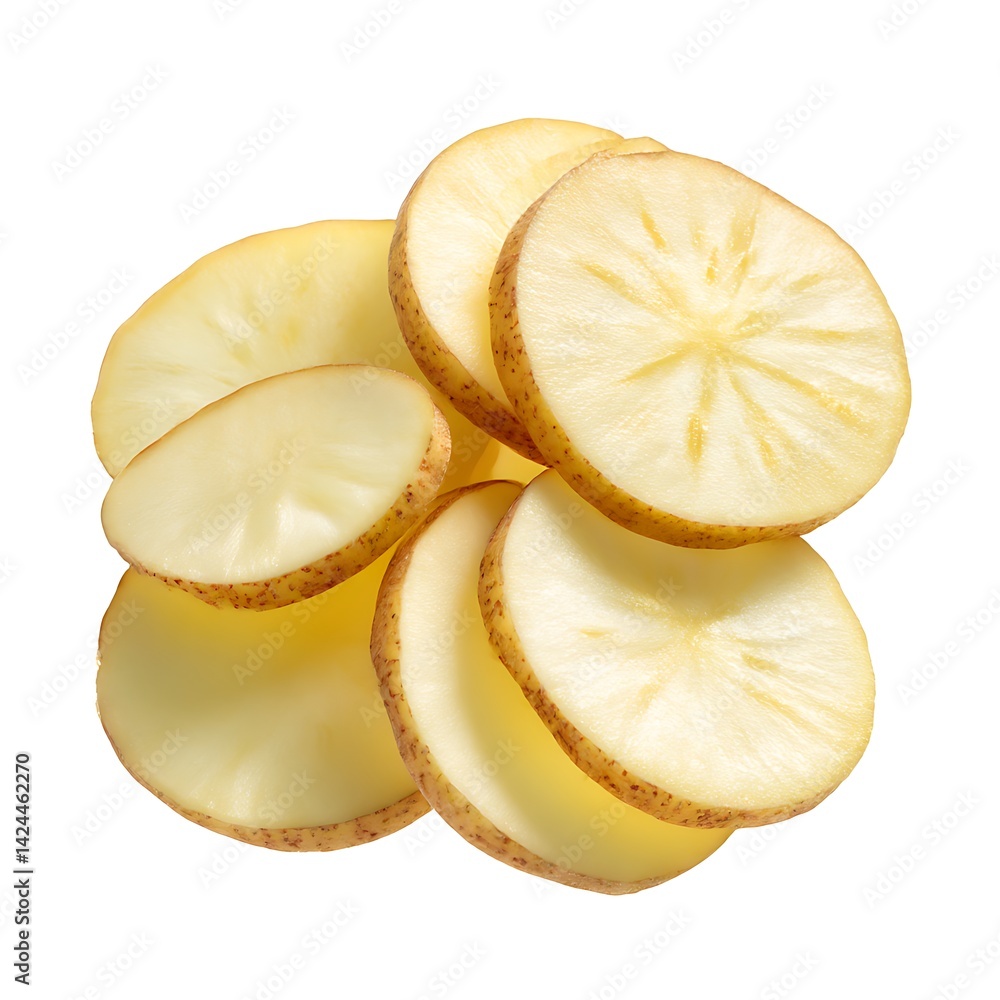 A photograph of several raw potato slices isolated on a clean white background A photograph of several raw potato slices isolated on a clean white background