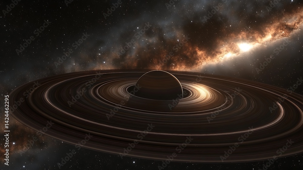 Obraz premium Planet with Rings Illuminated by Distant Sun, A stunning view of a planet with rings in space, illuminated by a distant sun