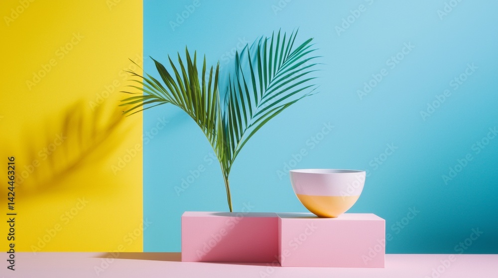 Minimalist tropical decor with palm leaf on vibrant color blocks Minimalist tropical decor with palm leaf on vibrant color blocks