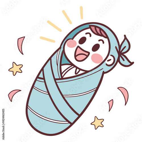 Happy Newborn Baby Swaddled in Blue Blanket Illustration