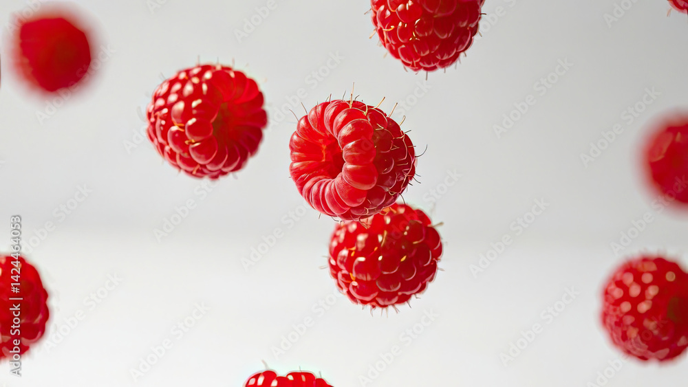 Ripe raspberries floating in the air close-up on a white background Ripe raspberries floating in the air close-up on a white background