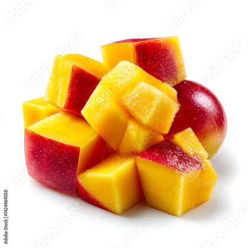 A studio shot of several fresh mango cubes isolated on a clean white background