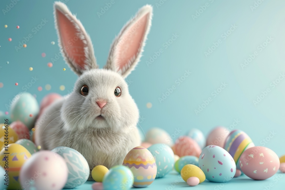 Adorable Bunny With Easter Eggs In Flowery Meadow easter bunny and eggs Adorable Bunny With Easter Eggs In Flowery Meadow easter bunny and eggs