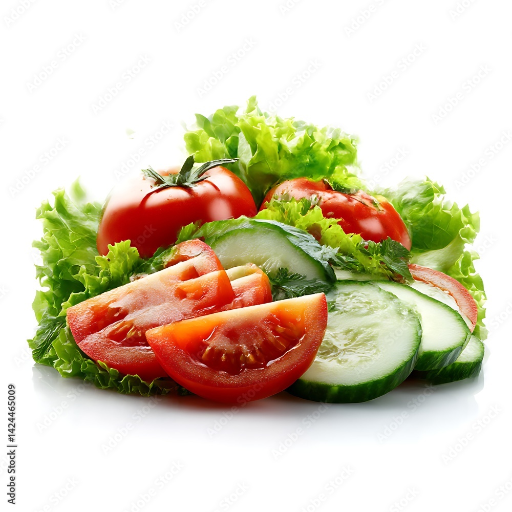 A vibrant image of fresh salad ingredients including sliced tomatoes, cucumbers, and lettuce, isolated on a clean white background A vibrant image of fresh salad ingredients including sliced tomatoes, cucumbers, and lettuce, isolated on a clean white background