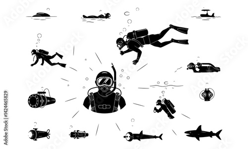 Types of diving modes an equipments. Illustration depicts the many types of diving suits, tools, methods, vehicles, and technology for a underwater diver