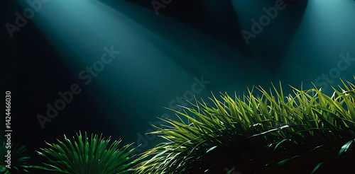 Green plants under bright rays of light on dark wide background