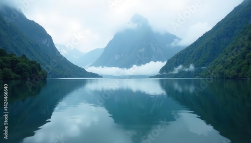 Misty Milford Sound, Mitre Peak shrouded in fog Majestic, serene morning scene , fjord, nature