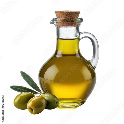 Extra Virgin Olive Oil with Fresh Olives and Leaves in a Decorative Bottle on transparent background
