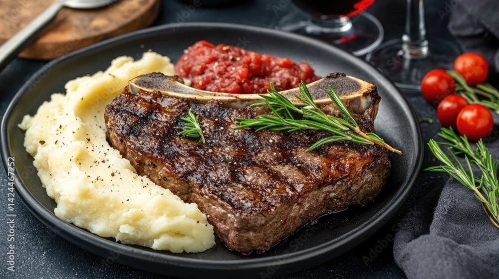 Rare T-bone steak plated with mashed potatoes and red wine. Rare T-bone steak plated with mashed potatoes and red wine.
