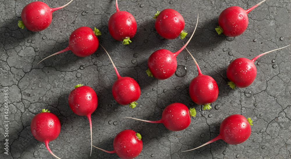 Fresh Radishes Scattered On Textured Surface Ready For Culinary Creations Fresh Radishes Scattered On Textured Surface Ready For Culinary Creations
