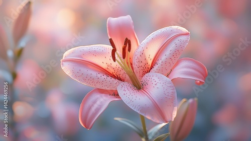 Delicate pink lily in soft focus blooming against pastel bokeh background