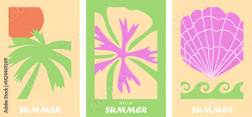 Set of creative greeting cards Hello Summer. Minimalistic design templates for celebration, advertisement, banner, cover, label.