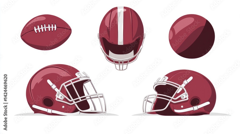 Naklejka premium Maroon football helmet and ball views. Sports equipment illustration