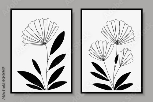 Abstract flowers, set of black and white minimalist trend posters. Wall art.