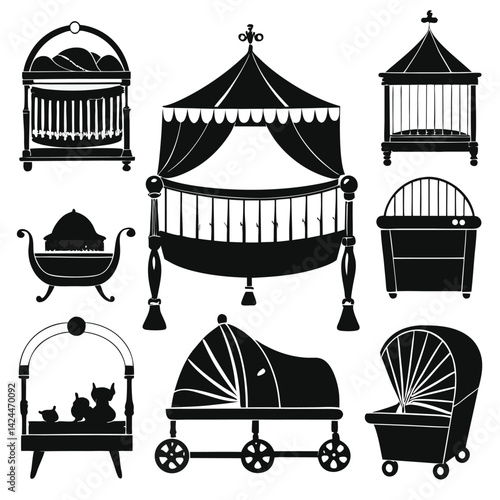 Collection of Black Silhouettes Baby Cribs and Strollers