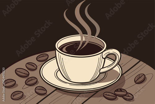 Steaming Cup of Coffee on Wooden Table Cozy Morning Coffee Photo