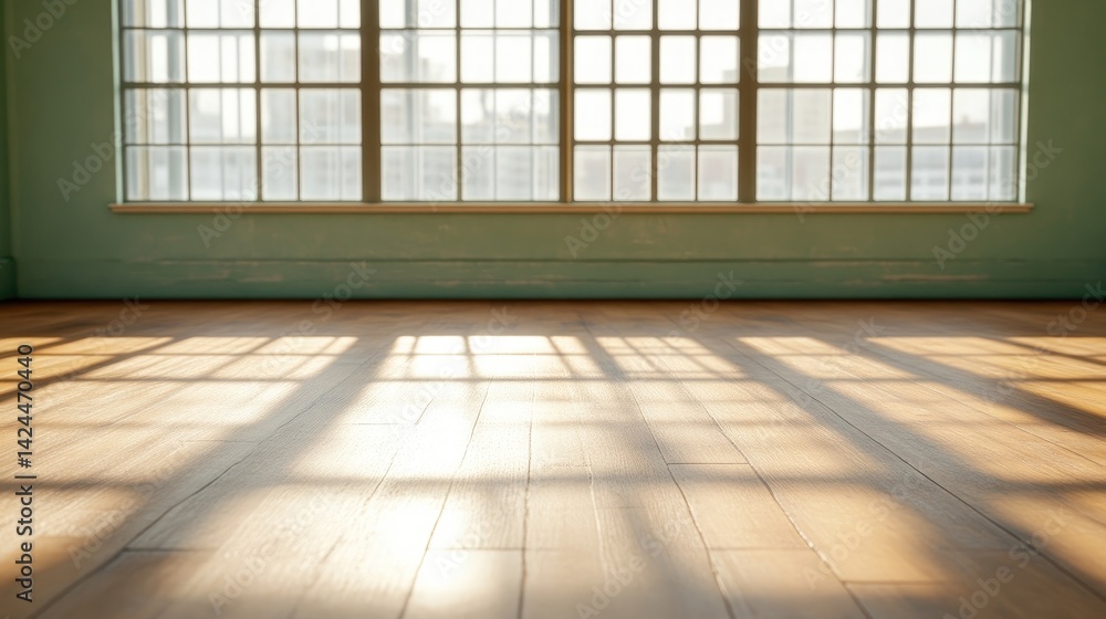 Empty room with large windows, sunlight on wooden floor Empty room with large windows, sunlight on wooden floor