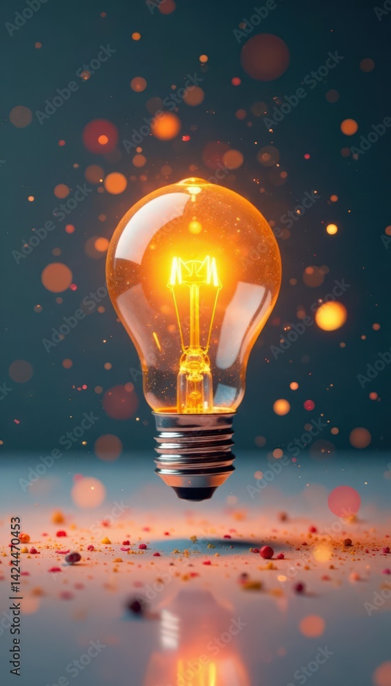 Yellow light bulb hovering above a clean white surface with colorful sparks, yellow, sparkles, innovation Yellow light bulb hovering above a clean white surface with colorful sparks, yellow, sparkles, innovation