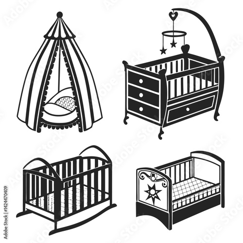 Black and White Illustrations of Baby Cribs and Play Tent