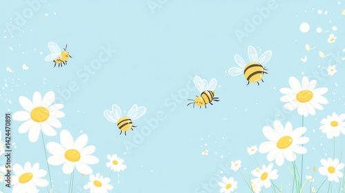 Bees flying near daisies in a blue sky; spring background