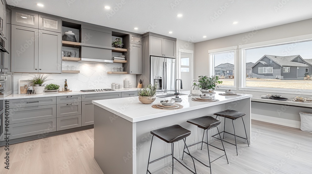 Modern gray kitchen with an island and large windows. Modern gray kitchen with an island and large windows.