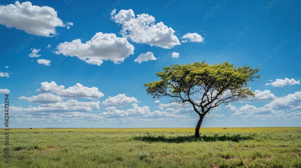 Lone tree in vast grassy plain, bright sky Lone tree in vast grassy plain, bright sky