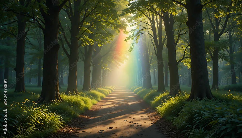 Obraz premium A path through a forest with tall trees and a rainbow of light shining through the trees ahead on the path