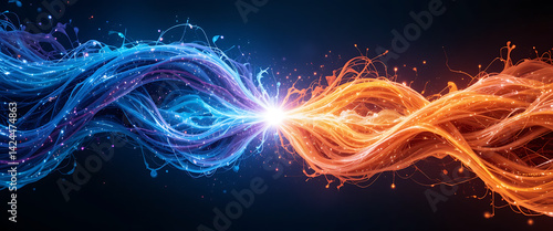 Abstract two wavy infinite lines clash each other from different side, sparkling with burning fire on the middle, clean, intricate details, glowing, shimmering, smooth, modern techno theme, futuristic