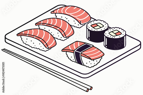 45 Sushi illustration, colorful nigiri and maki rolls, flat design, pastel colors, minimal shadows, clean lines, vector art style, food icon set, Japanese cuisine, salmon, tuna, tamago, ikura, white b