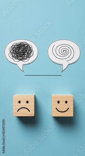 Speech bubble with tangled lines and clear spiral representing chaos versus clarity next to wooden blocks with sad and happy face for mental health support communication.