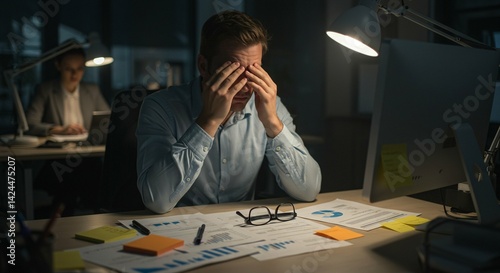 Distressed caucasian man holding head in hands at office table late night. Concept of work overload and exhaustion. Stress from business deadline and job fatigue.