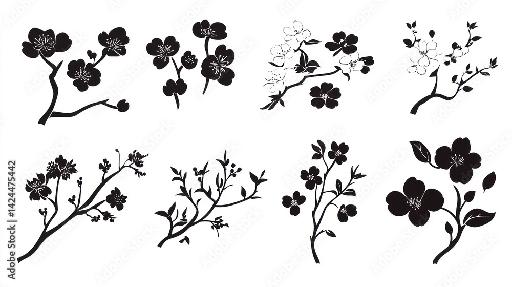 Naklejka premium Black and white cherry blossom branch illustrations; design elements; white background; print, web