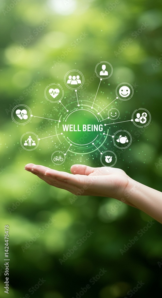 Woman's hand holding a well being concept graphic with interconnected icons representing health, community, family, and sport on a blurred green background illustrating holistic health.