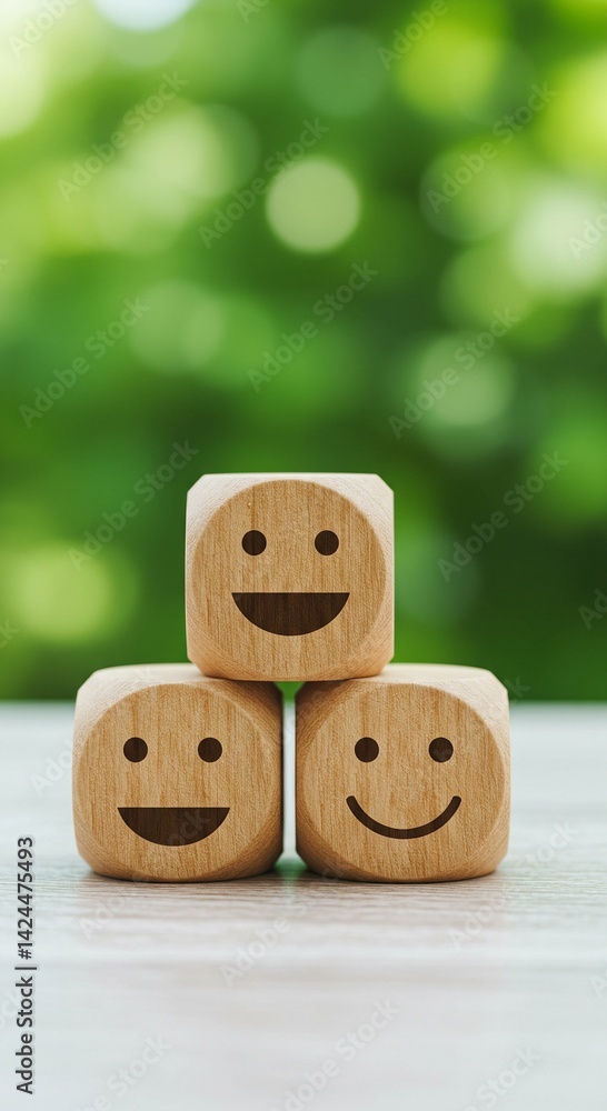 Three wooden block with happy face. Concept of satisfaction rating, customer happiness, emotion expression and positive feeling using wooden cube block on table.