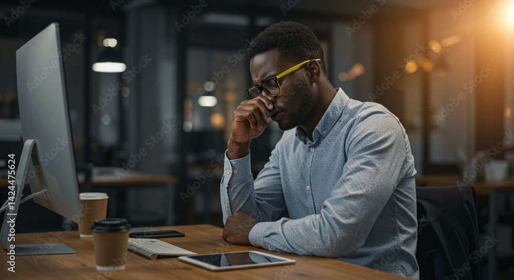 Tired african american man working night shift in office. Stressed male employee sitting at desk late. Feeling burnout and fatigue. Concept of overtime, fatigue, overwork.