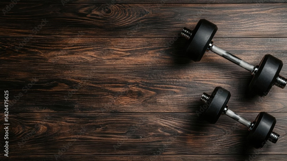 Two dumbbells lying on a wooden surface. the dumbbell on the left is black and appears to be made of metal, while the one on the right is silver. Two dumbbells lying on a wooden surface. the dumbbell on the left is black and appears to be made of metal, while the one on the right is silver.