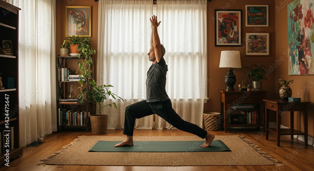 Caucasian man practicing warrior pose on yoga mat in living room. Home exercise for wellbeing, fitness, and healthy lifestyle. Senior man training body and mind indoors.