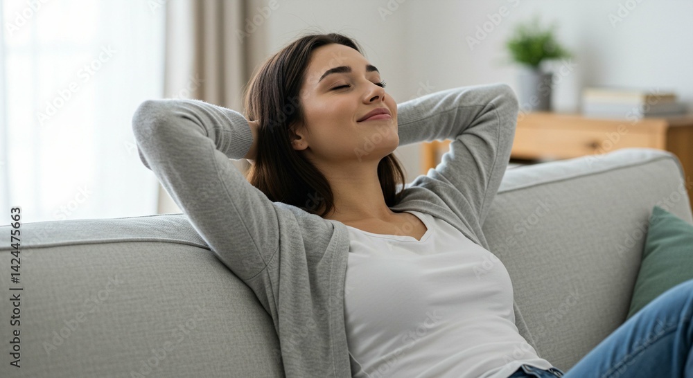 Woman relaxing on sofa with closed eyes, enjoying peaceful moment home. Serene meditation and stress relief for well being.