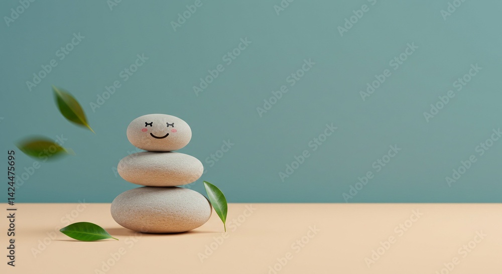Stone stack with smiling face and falling leaves represents balance and well-being, a concept of harmony and tranquility suitable for mindfulness and spa and relaxation themes