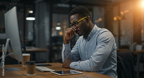 Obraz na płótnie Tired african american man working night shift in office. Stressed male employee sitting at desk late. Feeling burnout and fatigue. Concept of overtime, fatigue, overwork. w salonie