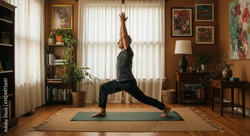 Obraz na płótnie Caucasian man practicing warrior pose on yoga mat in living room. Home exercise for wellbeing, fitness, and healthy lifestyle. Senior man training body and mind indoors. w salonie
