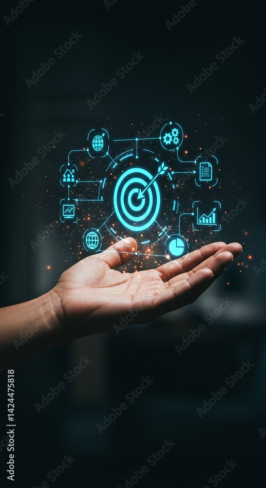 Woman hand holding digital target icon with arrow and business diagram network connection. Goal and strategy concept of startup company planning for investment analysis.